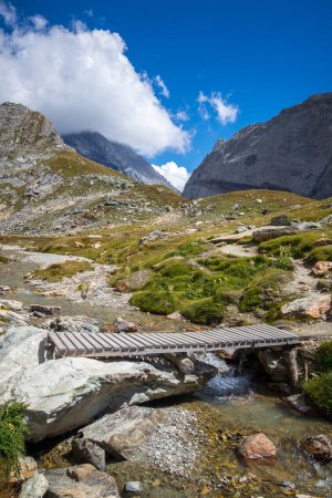 Photo for Mountain river and wood bridge in Vanoise national Park alpine valley, Savoie, French alps - Royalty Free Image