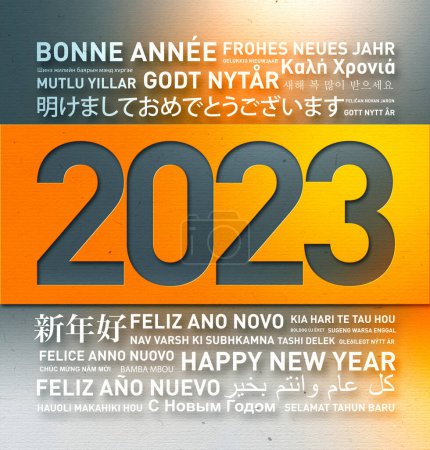 Foto de Feliz año nuevo 2023 tarjetas de felicitación del mundo en diferentes idiomas - Imagen libre de derechos