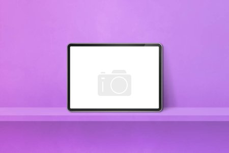 Téléchargez les photos : Tablette numérique pc sur étagère murale violette. Bannière arrière-plan horizontale. Illustration 3D - en image libre de droit