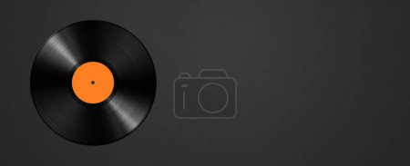Photo for Orange vinyl record isolated on black background. Horizontal banner. 3D illustration - Royalty Free Image