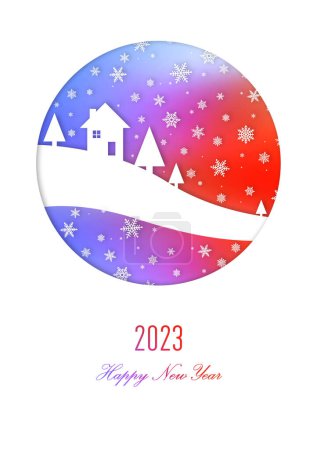 Foto de Feliz año nuevo arco iris tarjeta vintage con una casa bajo copos de nieve. 2023 - Imagen libre de derechos