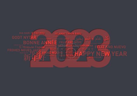 Foto de Feliz año nuevo 2023 tarjeta del mundo en diferentes idiomas. Fondo rojo y gris - Imagen libre de derechos