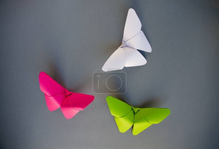 Foto de Origami de mariposa de papel verde, rosa y blanco aislado sobre un fondo gris en blanco. - Imagen libre de derechos