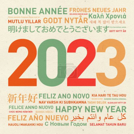 Foto de Feliz año nuevo 2023 tarjeta del mundo en diferentes idiomas - Imagen libre de derechos