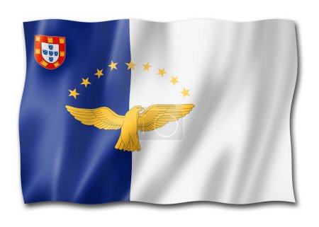 Téléchargez les photos : Drapeau de l'archipel des Açores, Portugal agitant la collection de bannières. Illustration 3D - en image libre de droit