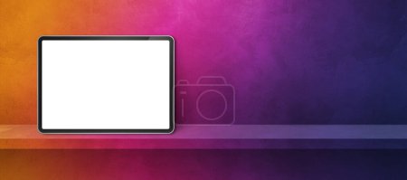 Téléchargez les photos : Digital tablet pc on rainbow wall shelf. Horizontal background banner. 3D Illustration - en image libre de droit
