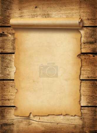 Photo for Old mediaeval paper sheet. Parchment scroll isolated on a wood board background - Royalty Free Image