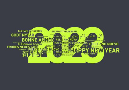 Foto de Feliz año nuevo 2023 tarjeta del mundo en diferentes idiomas. Fondo verde y gris - Imagen libre de derechos