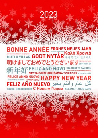 Foto de Feliz año nuevo 2023 tarjeta en diferentes idiomas del mundo - Imagen libre de derechos