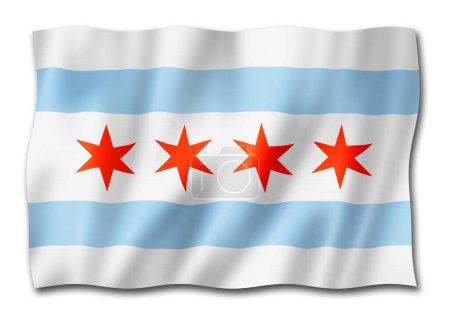 Téléchargez les photos : Le drapeau de Chicago, Illinois. États-Unis agitant la collection de bannières. Illustration 3D - en image libre de droit