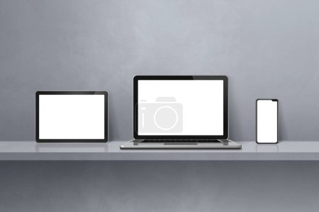 Foto de Ordenador portátil, teléfono móvil y tableta digital PC en estante de pared gris. Fondo horizontal. Ilustración 3D - Imagen libre de derechos