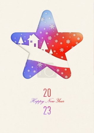 Foto de Vintage 2023 Feliz año nuevo arco iris tarjeta en marco de estrella - Imagen libre de derechos