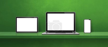 Photo for Laptop, mobile phone and digital tablet pc on green wall shelf. Banner background. 3D Illustration - Royalty Free Image