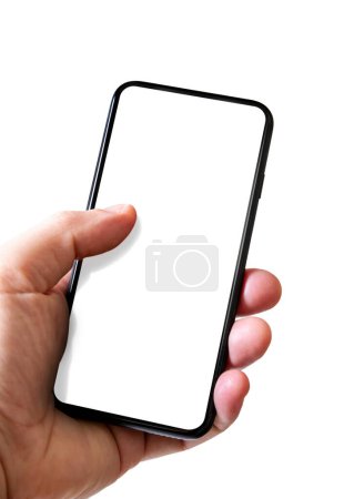 Foto de Mano sosteniendo un teléfono inteligente con pantalla en blanco. Aislado sobre fondo blanco. - Imagen libre de derechos