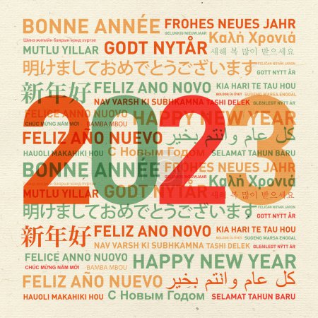 Foto de 2023 Feliz año nuevo tarjeta vintage del mundo en diferentes idiomas - Imagen libre de derechos