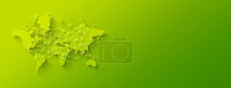 Téléchargez les photos : Carte du monde et illustration de réseau numérique isolés sur fond vert. Bannière horizontale - en image libre de droit