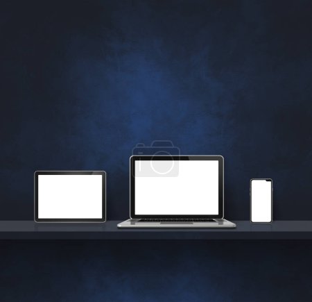 Téléchargez les photos : Laptop, mobile phone and digital tablet pc on black wall shelf. Square background. 3D Illustration - en image libre de droit