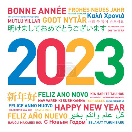 Foto de Feliz año nuevo 2023 tarjeta del mundo en diferentes idiomas y colores - Imagen libre de derechos