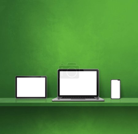 Téléchargez les photos : Ordinateur portable, téléphone portable et tablette numérique PC sur étagère murale verte. Fond carré. Illustration 3D - en image libre de droit