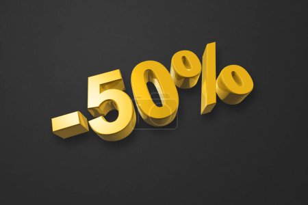 Foto de 50% off discount. Offer sale. 3D illustration isolated on black. Promotional price rate. Gold number - Imagen libre de derechos