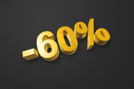 Foto de 60% off discount. Offer sale. 3D illustration isolated on black. Promotional price rate. Gold number - Imagen libre de derechos