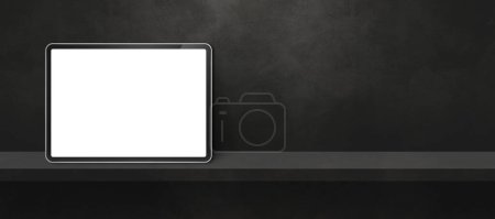 Téléchargez les photos : Tablette numérique PC sur étagère murale noire. Bannière arrière-plan horizontale. Illustration 3D - en image libre de droit