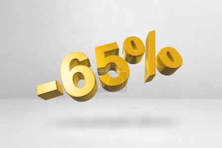 Foto de 65% off discount. Offer sale. 3D illustration isolated on white. Promotional price rate. Gold number - Imagen libre de derechos