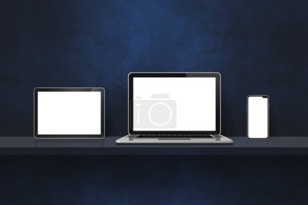 Photo for Laptop, mobile phone and digital tablet pc on black wall shelf. Horizontal background. 3D Illustration - Royalty Free Image