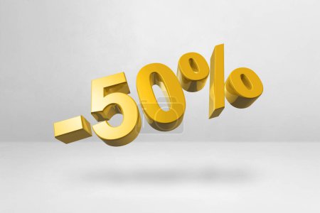 Foto de 50% off discount. Offer sale. 3D illustration isolated on white. Promotional price rate. Gold number - Imagen libre de derechos