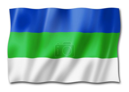 Téléchargez les photos : Etat Komi - République - drapeau, Russie agitant la collection de bannières. Illustration 3D - en image libre de droit