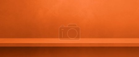 Téléchargez les photos : Étagère vide sur un mur en béton orange fluo. Scène modèle d'arrière-plan. Modèle de bannière horizontale - en image libre de droit