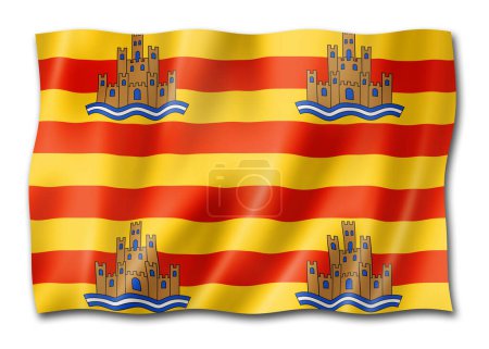 Téléchargez les photos : Ibiza, Balearic islands flag, Spain waving banner collection. 3D illustration - en image libre de droit