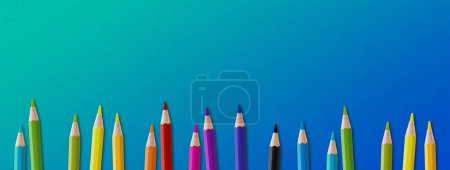 Photo for Wooden colored pencil set isolated on blue. Panoramic banner background. - Royalty Free Image