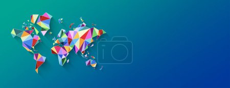 Téléchargez les photos : Forme de carte du monde faite de polygones colorés. Illustration 3D isolée sur fond bleu. Bannière horizontale - en image libre de droit