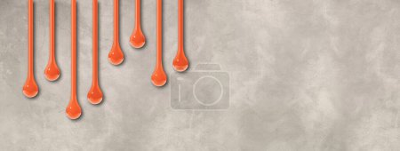 Photo for Orange ink drops isolated on light concrete wall. Horizontal banner. 3D illustration - Royalty Free Image
