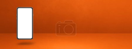 Foto de Smartphone en blanco flotando sobre un fondo naranja. Ilustración aislada 3D. Plantilla de banner horizontal - Imagen libre de derechos