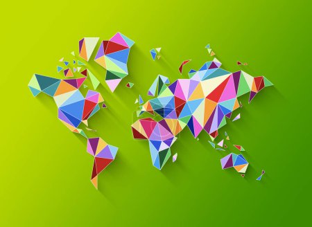 Téléchargez les photos : Forme de carte du monde faite de polygones colorés. Illustration 3D isolée sur fond vert - en image libre de droit