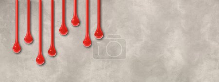 Téléchargez les photos : Des gouttes d'encre rouge isolées sur un mur en béton léger. Bannière horizontale. Illustration 3D - en image libre de droit