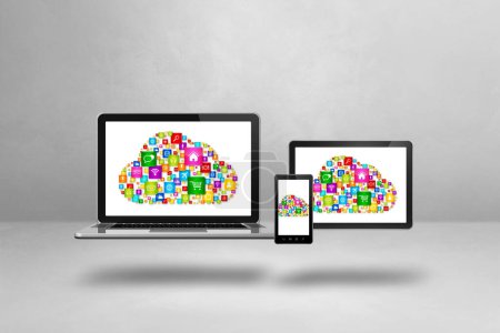 Photo for Cloud computing symbol and icons on laptop, smartphone and tablet pc. 3D illustration isolated on white background. - Royalty Free Image