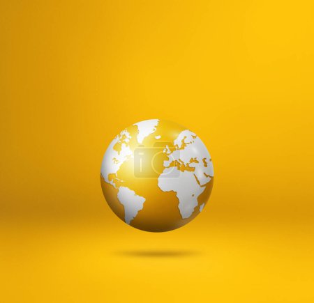 Téléchargez les photos : Globe terrestre, carte de la terre, flottant sur un fond jaune. Illustration 3D isolée. Modèle carré - en image libre de droit