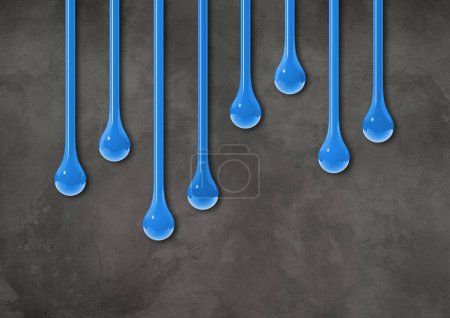 Téléchargez les photos : Des gouttes d'encre bleue isolées sur un mur en béton foncé. Papier peint horizontal. Illustration 3D - en image libre de droit