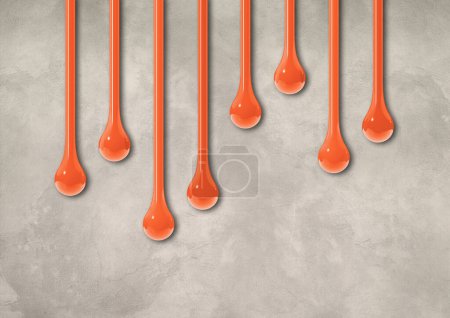 Téléchargez les photos : Des gouttes d'encre orange isolées sur un mur en béton léger. Papier peint horizontal. Illustration 3D - en image libre de droit