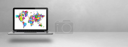 Photo for World Map made of icons in a laptop screen. Global communication concept isolated on white background. 3D illustration - Royalty Free Image