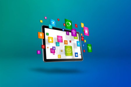 Photo for Flying icons around a tablet PC. Cloud computing concept. 3D illustration isolated on blue background. - Royalty Free Image