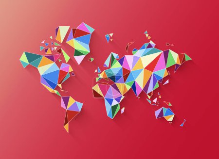 Téléchargez les photos : Forme de carte du monde faite de polygones colorés. Illustration 3D isolée sur fond rose - en image libre de droit