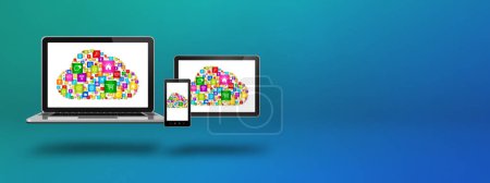 Photo for Cloud computing symbol and icons on laptop, smartphone and tablet pc. 3D illustration isolated on blue background. - Royalty Free Image