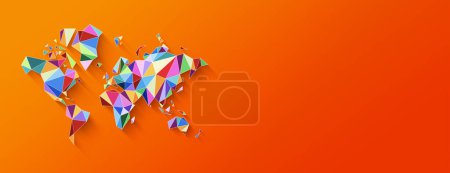 Photo for World map shape made of colorful polygons. 3D illustration isolated on an orange background. Horizontal banner - Royalty Free Image