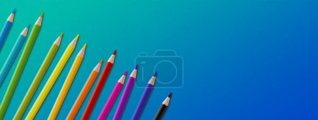 Téléchargez les photos : Crayon coloré en bois isolé sur bleu. Fond de bannière panoramique. - en image libre de droit