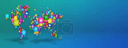 Photo for World Map made of desktop apps icons. Cloud Computing concept isolated on blue background. 3D illustration - Royalty Free Image