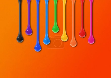 Photo for Colorful ink drops isolated on orange background. Horizontal wallpaper. 3D illustration - Royalty Free Image